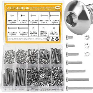 546 Pieces M3 Screws Nuts Washers Set, M3 x 6/8/12/16/20/25/30mm Button Head Socket Cap Screws Nuts Washers Assortment Kit, 304 Stainless Steel, Fully Threaded 546 Pieces M3 Screws Nuts Washers Set, M3 x 6/8/12/16/20/25/30mm Button Head Socket Cap Screws Nuts Washers Assortment Kit, 304 Stainless Steel, Fully Threaded