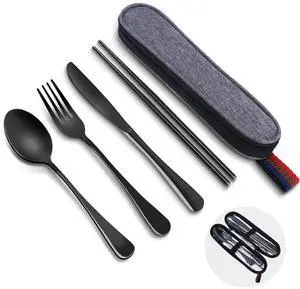 5 Piece Travel Utensils Set With Case, Stainless Steel, Black | Reusable Flatware Set, Portable Silverware Set for Work, Dishwasher Safe, Ideal for Lunch, Camping, Picnics, Travel and Work 5 Piece Travel Utensils Set With Case, Stainless Steel, Black | Reusable Flatware Set, Portable Silverware Set for Work, Dishwasher Safe, Ideal for Lunch, Camping, Picnics, Travel and Work