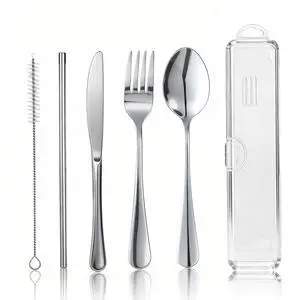 Travel Camping Utensils with Case, 6 Pcs Reusable Stainless Steel Silverware Cutlery Set, Spoon, Fork, Knife + Straw/Brush Kit for Camping, Travel, Office, Lunch Box, Eco On-the-Go (silver) Travel Camping Utensils with Case, 6 Pcs Reusable Stainless Steel Silverware Cutlery Set, Spoon, Fork, Knife + Straw/Brush Kit for Camping, Travel, Office, Lunch Box, Eco On-the-Go (silver)