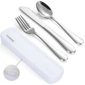 Travel Utensils with Case, 4-Piece Stainless Steel Portable Cutlery Set, Reinforced Case with Buckle Design, Lunch Box for Camping Work School, Include Fork Spoon Knife, Dishwasher Safe, Silver Travel Utensils with Case, 4-Piece Stainless Steel Portable Cutlery Set, Reinforced Case with Buckle Design, Lunch Box for Camping Work School, Include Fork Spoon Knife, Dishwasher Safe, Silver
