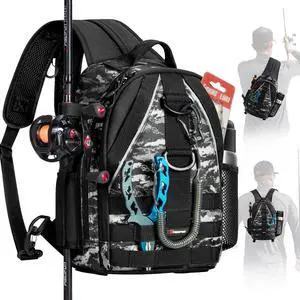 Fishing Backpack, Rod Holders, Lightweight Sling Bag, Black Camo | Fits 2x3600 trays, bottle pocket, MOLLE loops, 4-way carry for short bank fishing trips Fishing Backpack, Rod Holders, Lightweight Sling Bag, Black Camo | Fits 2x3600 trays, bottle pocket, MOLLE loops, 4-way carry for short bank fishing trips