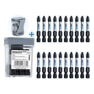 PH2 Phillips Impact Bit Set, 2 Inch, 20-Piece, Magnetic | Anti-slip Phillips tips, magnetic fastener retention, CNC-machined profile, S2 alloy steel, impact-driver use PH2 Phillips Impact Bit Set, 2 Inch, 20-Piece, Magnetic | Anti-slip Phillips tips, magnetic fastener retention, CNC-machined profile, S2 alloy steel, impact-driver use