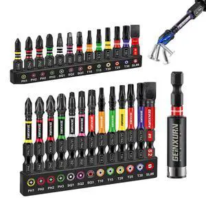 27 Piece Impact Screwdriver Bits Set, 1"/2" Phillips/Torx/Square/SL Magnetic S2 Steel Driver Bits and Impact Bit Holder with Color Coded Base 27 Piece Impact Screwdriver Bits Set, 1"/2" Phillips/Torx/Square/SL Magnetic S2 Steel Driver Bits and Impact Bit Holder with Color Coded Base