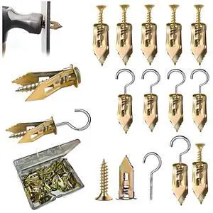 60 Piece Self Drilling Drywall Anchors Kit with Hooks | hammer in, screw down, steel wings grip behind the board: 30 anchors, 25 screws, 5 hooks for one room of light decor 60 Piece Self Drilling Drywall Anchors Kit with Hooks | hammer in, screw down, steel wings grip behind the board: 30 anchors, 25 screws, 5 hooks for one room of light decor