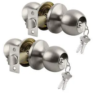 2 Pack Keyed Differen Entry Door Knob with Lock, Satin Nickel | Easy Install, Heavy Duty Handle for Exterior Door and Front Door, Standard Ball 2 Pack Keyed Differen Entry Door Knob with Lock, Satin Nickel | Easy Install, Heavy Duty Handle for Exterior Door and Front Door, Standard Ball