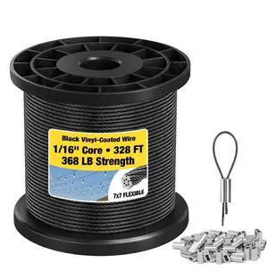 1/16 Wire Rope, 328FT Black Vinyl-Coated Stainless Steel Cable, 150 Sleeves | Flexible 7x7 Build, 368 lb Break Rating, For String Lights, Garden Trellis Use, Picture Hanging Use, Outdoor DIY Use 1/16 Wire Rope, 328FT Black Vinyl-Coated Stainless Steel Cable, 150 Sleeves | Flexible 7x7 Build, 368 lb Break Rating, For String Lights, Garden Trellis Use, Picture Hanging Use, Outdoor DIY Use
