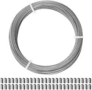 Stainless Steel Wire Rope - 100FT 1/16" Aircraft Cable for Hanging | 304 Stainless Steel Cable with 50Pcs Crimping Sleeves for Outdoor String Lights Garden Trellis Clothesline DIY Projects Stainless Steel Wire Rope - 100FT 1/16" Aircraft Cable for Hanging | 304 Stainless Steel Cable with 50Pcs Crimping Sleeves for Outdoor String Lights Garden Trellis Clothesline DIY Projects
