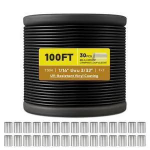 Vinyl Coated Wire Rope 3/32", 100FT 304 Stainless Steel Cable | 304 Stainless Steel Cable with Enough Crimping Sleeves for Hanging String Light, Clotheslines, Trellis Wire, DIY Projects Vinyl Coated Wire Rope 3/32", 100FT 304 Stainless Steel Cable | 304 Stainless Steel Cable with Enough Crimping Sleeves for Hanging String Light, Clotheslines, Trellis Wire, DIY Projects