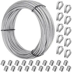 1/16" Stainless Wire Rope Cable 100FT | 7x7 Strand, With Aluminum Crimping Sleeves, With Wire Rope Thimble 1/16" Stainless Wire Rope Cable 100FT | 7x7 Strand, With Aluminum Crimping Sleeves, With Wire Rope Thimble