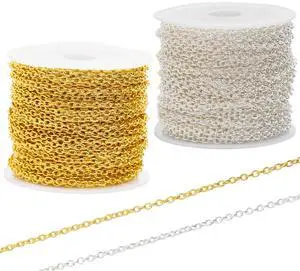 60 Feet Metal Iron Jewelry Chains 2 mm Bulk Gold and Silver Necklace Link Chains for Jewelry Making (Silver and Gold) 60 Feet Metal Iron Jewelry Chains 2 mm Bulk Gold and Silver Necklace Link Chains for Jewelry Making (Silver and Gold)