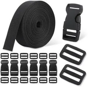 1-Inch Buckle and Strap Kit, 6-Yard Polyester Webbing, 6 Buckles | 6 yards of 1-inch polyester webbing with 6 quick-release buckles and 12 triglides for backpacks, collars and DIY gear straps. 1-Inch Buckle and Strap Kit, 6-Yard Polyester Webbing, 6 Buckles | 6 yards of 1-inch polyester webbing with 6 quick-release buckles and 12 triglides for backpacks, collars and DIY gear straps.
