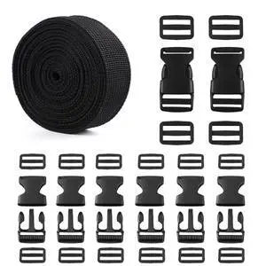 Strap and Buckles kit - 18 ft Nylon Webbing 1 inch wide, 8 Pack Quick Release Buckle, 16 pieces Tri-Glide Slide Clips, Black Stylish Plastic Buckles for Strips 1 inch Set, Adjustable Non-sewing Strap and Buckles kit - 18 ft Nylon Webbing 1 inch wide, 8 Pack Quick Release Buckle, 16 pieces Tri-Glide Slide Clips, Black Stylish Plastic Buckles for Strips 1 inch Set, Adjustable Non-sewing