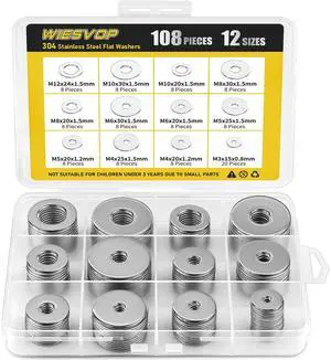 108Pcs 304 Stainless Steel Flat Washers, Fender Washers Assortment Kit 12 Sizes (M3-M12) Metal Washers for Screws Bolts Large and Small Hardware for Various Home Industrial Automotive 108Pcs 304 Stainless Steel Flat Washers, Fender Washers Assortment Kit 12 Sizes (M3-M12) Metal Washers for Screws Bolts Large and Small Hardware for Various Home Industrial Automotive