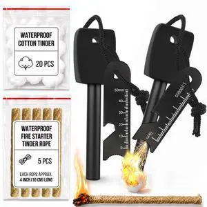 27-Piece Ferro Rod Fire Starter Survival Kit with Striker & Ropes | 20 Waterproof Tinder Balls and 5 Tinder Ropes, Flint and Steel for Camping, Hiking, Backpacking, Bushcraft and Emergency 27-Piece Ferro Rod Fire Starter Survival Kit with Striker & Ropes | 20 Waterproof Tinder Balls and 5 Tinder Ropes, Flint and Steel for Camping, Hiking, Backpacking, Bushcraft and Emergency