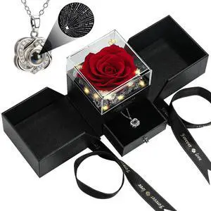 Preserved Real Red Rose with I Love You Heart Necklace 100 Languages - Eternal Flowers Rose Birthday Gifts for Women, Wife, Mom, Girlfriend - Valentine's Mother's Day Christmas Gift Preserved Real Red Rose with I Love You Heart Necklace 100 Languages - Eternal Flowers Rose Birthday Gifts for Women, Wife, Mom, Girlfriend - Valentine's Mother's Day Christmas Gift