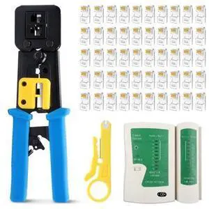 rj45 Crimp Tool with 50pcs Pass Through Connectors, for Cat6 Cat5e Cat5 Crimping Tool Kit, 50PCS Connectors, Network Cable Tester and Wire Stripper Included, for RJ45/RJ12 Regular rj45 Crimp Tool with 50pcs Pass Through Connectors, for Cat6 Cat5e Cat5 Crimping Tool Kit, 50PCS Connectors, Network Cable Tester and Wire Stripper Included, for RJ45/RJ12 Regular