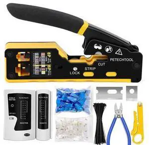 RJ45 Crimp Tool Pass Through Ethernet Crimping Tool Kit Cat6 Cat5e Cat6a RJ45 Crimper with Cable Tester, Cat6 Connectors with RJ45 Boot Covers, Mini Stripper, Blades and Cable Ties RJ45 Crimp Tool Pass Through Ethernet Crimping Tool Kit Cat6 Cat5e Cat6a RJ45 Crimper with Cable Tester, Cat6 Connectors with RJ45 Boot Covers, Mini Stripper, Blades and Cable Ties