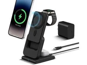 Foldable Wireless Charging Station: 3-in-1 Charger Stand with 5000mAh Portable Power Bank for iPhone 17/16/15/14/13/12 - Removable Battery Pack for Watch (Black) Foldable Wireless Charging Station: 3-in-1 Charger Stand with 5000mAh Portable Power Bank for iPhone 17/16/15/14/13/12 - Removable Battery Pack for Watch (Black)