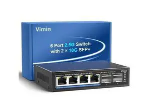 6 Port 2.5G Unmanaged Network Switch, VIMIN 4X 2.5Gbase-T Ports, 2X 10G SFP+ Port, 60Gbps Switching Capacity, IEEE802.3, Metal Housing, Fanless, Work for 2.5Gbps NAS, Wireless AP & PC 6 Port 2.5G Unmanaged Network Switch, VIMIN 4X 2.5Gbase-T Ports, 2X 10G SFP+ Port, 60Gbps Switching Capacity, IEEE802.3, Metal Housing, Fanless, Work for 2.5Gbps NAS, Wireless AP & PC