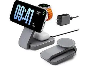 3 in 1 Foldable Wireless Charging Station for MagSafe Nightstand Magnetic Charger Stand for iPhone 16 15 14 13 Pro Max Travel Charging Dock with Night Light for Watch/AirPods (Gray) 3 in 1 Foldable Wireless Charging Station for MagSafe Nightstand Magnetic Charger Stand for iPhone 16 15 14 13 Pro Max Travel Charging Dock with Night Light for Watch/AirPods (Gray)
