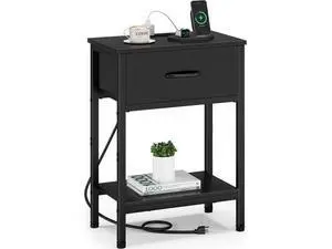 Black Nightstand with Charging Station, End Table with Fabric Drawer, Small Side Table with 2-Tier Storage Shelves, 25.4" Tall Bedside Table, Black Night Stand for Bedroom, Living Room, Dorm Black Nightstand with Charging Station, End Table with Fabric Drawer, Small Side Table with 2-Tier Storage Shelves, 25.4" Tall Bedside Table, Black Night Stand for Bedroom, Living Room, Dorm