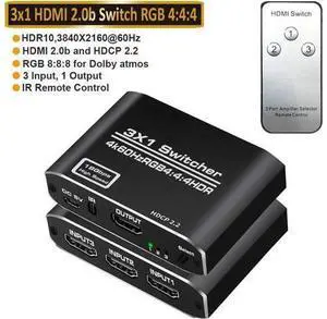 4K@60Hz HDMI Switch,4K HDMI Switcher 3 Port, 3X1HDMI Auto Switch 3X1 Selector with IR Remote for Xbox,PS5,PS4,UHD TV, Support 4K@60Hz, HDR, 2k,1080P @ 60Hz, 3D, HDCP 1.4 and Dolby-True HD/DTS 4K@60Hz HDMI Switch,4K HDMI Switcher 3 Port, 3X1HDMI Auto Switch 3X1 Selector with IR Remote for Xbox,PS5,PS4,UHD TV, Support 4K@60Hz, HDR, 2k,1080P @ 60Hz, 3D, HDCP 1.4 and Dolby-True HD/DTS