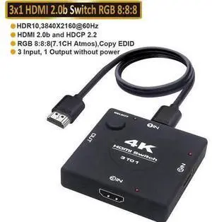 4K 60hz HDMI Switch, Upgraded HDMI Selector Switch Splitter 3 in 1 Out, 4K HDMI Switcher Supports Ultra HD, 1080P, 3D, HDR, HDCP 2.2, 3 Port HDMI 2.0 Switch for Gaming XBX/PS5/PC/Monitor/TV 4K 60hz HDMI Switch, Upgraded HDMI Selector Switch Splitter 3 in 1 Out, 4K HDMI Switcher Supports Ultra HD, 1080P, 3D, HDR, HDCP 2.2, 3 Port HDMI 2.0 Switch for Gaming XBX/PS5/PC/Monitor/TV