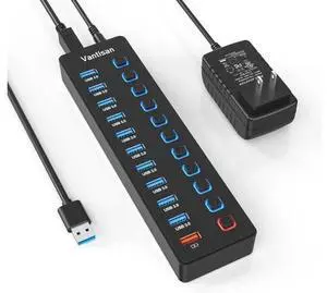 Powered USB Hub 11-Port USB 3.0 Hub Splitter - 10 USB 3.0 Data Transfer Ports + 1 Smart Charging Port USB Hub 3.0 Powered with Individual LED On/Off Switches and 5V/4A Power Adapter Powered USB Hub 11-Port USB 3.0 Hub Splitter - 10 USB 3.0 Data Transfer Ports + 1 Smart Charging Port USB Hub 3.0 Powered with Individual LED On/Off Switches and 5V/4A Power Adapter