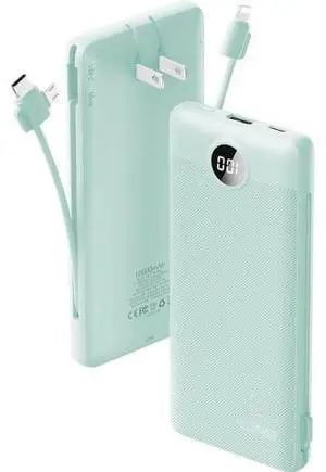 VRURC Portable Charger Built-in Cables and AC Wall Plug, USB C Power Bank 10000mAh, Travel Battery Portable Phone Charger Compact Lightweight External Battery Pack for Smart Phones, Tablets etc-Green VRURC Portable Charger Built-in Cables and AC Wall Plug, USB C Power Bank 10000mAh, Travel Battery Portable Phone Charger Compact Lightweight External Battery Pack for Smart Phones, Tablets etc-Green