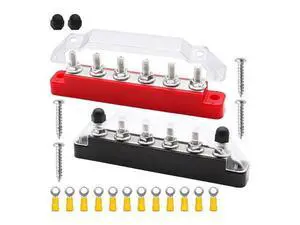Bus Bar 6 X 1/4Inch (M6) Terminal Studs 12V Power Distribution Block with Cover and Ring Terminals, Max 300V AC-AB01 Bus Bar 6 X 1/4Inch (M6) Terminal Studs 12V Power Distribution Block with Cover and Ring Terminals, Max 300V AC-AB01