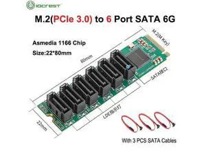 IOCREST M.2 (PCIe 3.0) to 6 Ports SATA III 6G SSD Adapter with 3 SATAIII Cable PCIe Gen3x2 Non-RAID Asmedia 1166 Chip IOCREST M.2 (PCIe 3.0) to 6 Ports SATA III 6G SSD Adapter with 3 SATAIII Cable PCIe Gen3x2 Non-RAID Asmedia 1166 Chip