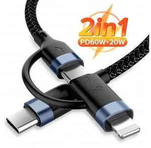 2in1 60W/20W PD USB Type C Cable for iPhone 13 12 11 Pro XS XR Fast Charging Charger for MacBook Type C USB C Data Wire Cord 1m 2in1 60W/20W PD USB Type C Cable for iPhone 13 12 11 Pro XS XR Fast Charging Charger for MacBook Type C USB C Data Wire Cord 1m
