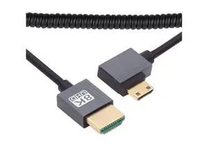 Cable Mini HDMI 2.1 Male to HDMI Male 8K 60hz Stretch Coiled Cable Left Angled 90 Degree for HDTV Computer Laptop Monitor Cable Mini HDMI 2.1 Male to HDMI Male 8K 60hz Stretch Coiled Cable Left Angled 90 Degree for HDTV Computer Laptop Monitor