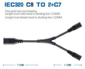 IEC320 C8 To 2X C7 Y Split AC Power Cord, IEC Figure 8 Male To 2 Female 1 In 2 Out AC Power Cable IEC320 C8 To 2X C7 Y Split AC Power Cord, IEC Figure 8 Male To 2 Female 1 In 2 Out AC Power Cable
