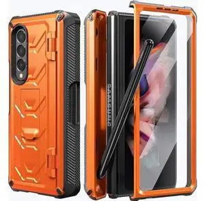 For Samsung Galaxy Z Fold 3 Case with S Pen Holder, Built-in Kickstand / Screen Protector / Camera & Hinge Protection, 360° Protection Phone Case Cover for Samsung Galaxy Z Fold 3 5G 2021 Orange For Samsung Galaxy Z Fold 3 Case with S Pen Holder, Built-in Kickstand / Screen Protector / Camera & Hinge Protection, 360° Protection Phone Case Cover for Samsung Galaxy Z Fold 3 5G 2021 Orange