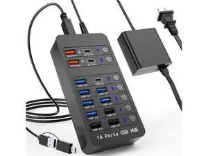 Powered USB 3.0 Hub, 14 Ports USB Splitter Hub (10 Faster Data Transfer Ports + 4 Smart USB Charging Port) USB Hub with LED Individual On/Off Switches for PC, Laptop, Desktop Powered USB 3.0 Hub, 14 Ports USB Splitter Hub (10 Faster Data Transfer Ports + 4 Smart USB Charging Port) USB Hub with LED Individual On/Off Switches for PC, Laptop, Desktop