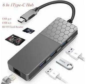 6 In 1Type-C Hub USB-C Type-C Hub Docking Station USB 3.0 / RJ45 Fast Speed Transfer SD TF Card Reader Adaptors Charger Hub 6 In 1Type-C Hub USB-C Type-C Hub Docking Station USB 3.0 / RJ45 Fast Speed Transfer SD TF Card Reader Adaptors Charger Hub