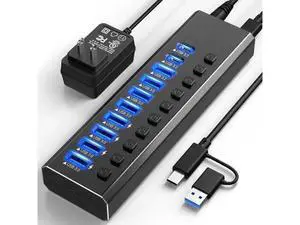 Powered USB Hub 3.2, 10-Port USB 3.2/USB C Hub (10Gbps USB-A 3.2 +2 USB-C 3.2 +7 USB 3.0 Ports) with Individual On/Off Switches and 12V Power Adapter, Aluminum USB Hub Powered for Laptop PC Powered USB Hub 3.2, 10-Port USB 3.2/USB C Hub (10Gbps USB-A 3.2 +2 USB-C 3.2 +7 USB 3.0 Ports) with Individual On/Off Switches and 12V Power Adapter, Aluminum USB Hub Powered for Laptop PC