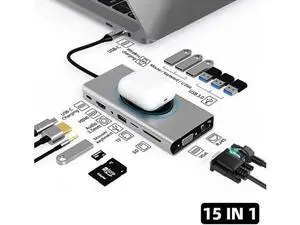 USB C Docking Station 15 in 1 USB-C Dual Display Laptop USB Type-C Hub Multiport Adapter Dongle with HDMI VGA USB Port SD/TF Audio PD Compatible with Mac & MacBook & Windows Laptop USB C Docking Station 15 in 1 USB-C Dual Display Laptop USB Type-C Hub Multiport Adapter Dongle with HDMI VGA USB Port SD/TF Audio PD Compatible with Mac & MacBook & Windows Laptop