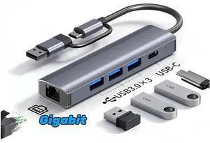 USB Hub, 5-in-1 USB to Network HUB with 3 USB 3.0 Data Transmission, 1 USB C, Gigabit Ethernet Port USB Aluminum Extension for Laptop, iMac, PC, USB Flash Drives etc USB Hub, 5-in-1 USB to Network HUB with 3 USB 3.0 Data Transmission, 1 USB C, Gigabit Ethernet Port USB Aluminum Extension for Laptop, iMac, PC, USB Flash Drives etc
