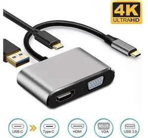 USB C to HDMI VGA Adapter,Jansicotek Type C 4 in 1 USB Hub with USB 3.1 Quick Charging Port, USB 3.0, VGA & HDMI 4K UHD Output -Gray USB C to HDMI VGA Adapter,Jansicotek Type C 4 in 1 USB Hub with USB 3.1 Quick Charging Port, USB 3.0, VGA & HDMI 4K UHD Output -Gray