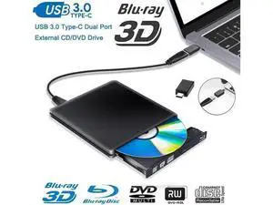 External Blu Ray DVD Drive 3D USB 3.0 and Type-C Bluray DVD CD RW Row Burner Player Rewriter Compatible for MacBook OS Windows 7 8 10 PC iMac - Black External Blu Ray DVD Drive 3D USB 3.0 and Type-C Bluray DVD CD RW Row Burner Player Rewriter Compatible for MacBook OS Windows 7 8 10 PC iMac - Black