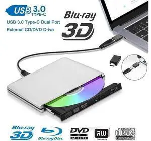 External Blu Ray DVD Drive 3D USB 3.0 and Type-C Bluray DVD CD RW Row Burner Player Rewriter Compatible for MacBook OS Windows 7 8 10 PC iMac - Silver External Blu Ray DVD Drive 3D USB 3.0 and Type-C Bluray DVD CD RW Row Burner Player Rewriter Compatible for MacBook OS Windows 7 8 10 PC iMac - Silver