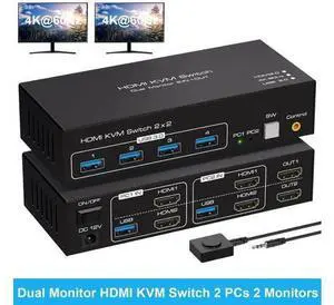 Dual Monitor HDMI KVM Switch, 2 Port HDMI 4K@60Hz KVM Switcher for 2 Computers 2 Monitors with 4 USB 3.0 Ports Support Copy and Extended Display and Desktop Control Including 2 USB 3.0 Cable Dual Monitor HDMI KVM Switch, 2 Port HDMI 4K@60Hz KVM Switcher for 2 Computers 2 Monitors with 4 USB 3.0 Ports Support Copy and Extended Display and Desktop Control Including 2 USB 3.0 Cable