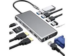USB C Triple Monitor Docking Station for Type-C Laptops, 12 in 1 Triple Display USB C Hub Adapter w/2 HDMI 4K+VGA+2 USB3.0+2 USB2.0+100W PD+Ethernet+SD/TF+Audio USB C Triple Monitor Docking Station for Type-C Laptops, 12 in 1 Triple Display USB C Hub Adapter w/2 HDMI 4K+VGA+2 USB3.0+2 USB2.0+100W PD+Ethernet+SD/TF+Audio