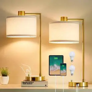 Table Lamp for Bedroom Set of 2 with USB C+A Ports, Fully Stepless Dimmable Bedside Lamp with Linen Lampshade, Nightstand Lamp for Living Room Reading Office, 2 LED Bulbs Included (Gold) Table Lamp for Bedroom Set of 2 with USB C+A Ports, Fully Stepless Dimmable Bedside Lamp with Linen Lampshade, Nightstand Lamp for Living Room Reading Office, 2 LED Bulbs Included (Gold)
