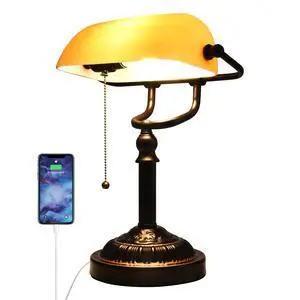 Bankers Desk Lamp with USB-A Port, Rustic Desk Lamp Pull Chain with Yellow Glass Shade, Vintage Banker's Desk Lamp Oil Rubbed Bronze for Home Office Library Bankers Desk Lamp with USB-A Port, Rustic Desk Lamp Pull Chain with Yellow Glass Shade, Vintage Banker's Desk Lamp Oil Rubbed Bronze for Home Office Library