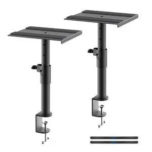 Clamp-on Speaker Stand Desk Mount Set, Height Adjustment, Swivel, 9.6 x 8.8 inch Trays, Universal Audio Holders for Bookshelf Speakers, Elevated Sound, 2 Pack, Black, SDM001G Clamp-on Speaker Stand Desk Mount Set, Height Adjustment, Swivel, 9.6 x 8.8 inch Trays, Universal Audio Holders for Bookshelf Speakers, Elevated Sound, 2 Pack, Black, SDM001G