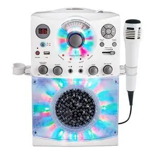 Portable Karaoke Machine for Adults & Kids with Wired Microphone, White - Built-In Speaker, Bluetooth with LED Disco Lights - Karaoke System with CD+G Player & USB Connectivity Portable Karaoke Machine for Adults & Kids with Wired Microphone, White - Built-In Speaker, Bluetooth with LED Disco Lights - Karaoke System with CD+G Player & USB Connectivity