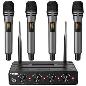 Wireless Microphones System with 4x10 Channels Cordless Handheld Microfono Inalambrico, 60 m/200FT UHF Range, Mics with Stable Signal Transmission for Karaoke Singing Party Church Wedding Wireless Microphones System with 4x10 Channels Cordless Handheld Microfono Inalambrico, 60 m/200FT UHF Range, Mics with Stable Signal Transmission for Karaoke Singing Party Church Wedding